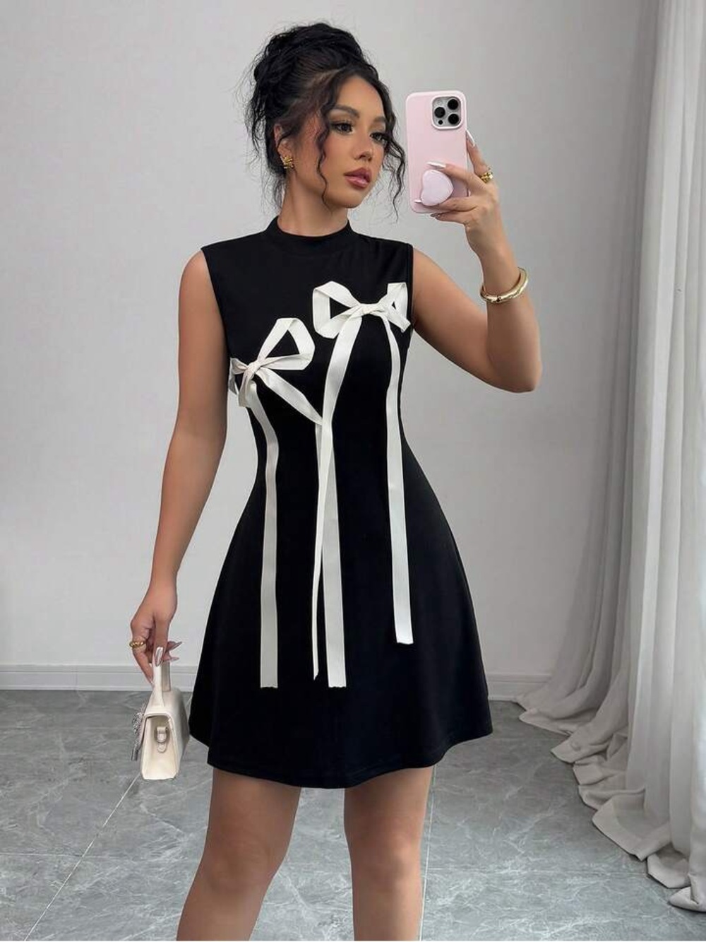 Cider • Round Neckline Bowknot Sleeveless Mini Dress